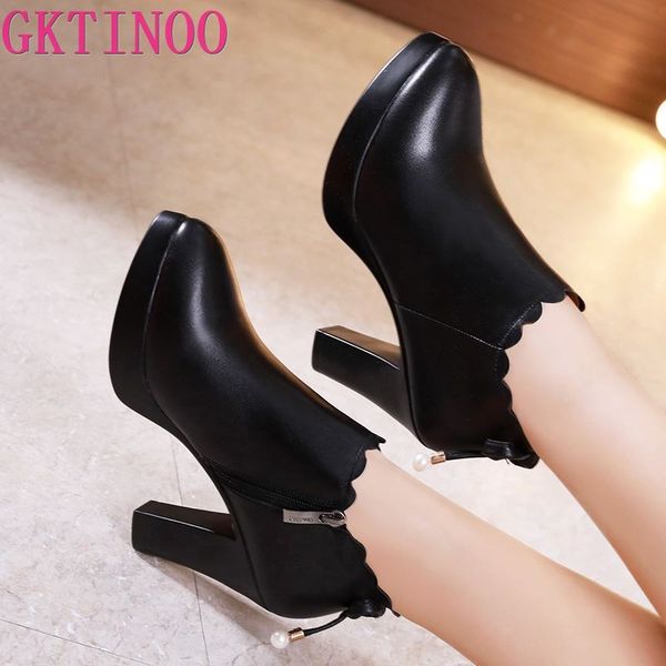 

gktinoo women leather shoes autumn pointed toe platform female pumps casual square high heels ladies single shoes plus size, Black
