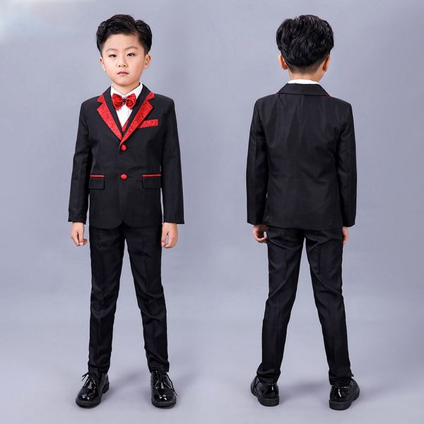 

Children's Formal Dress Suit Sets Flower Boys Wedding Party Host Piano Dress Costume Kids Blazer Vest Pants Bowtie Outfits, Black