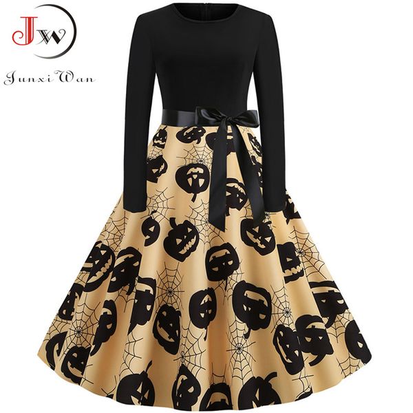

casual dresses vintage women dress long sleeve pumpkin print halloween robe high waist autumn winter midi female 2021, Black;gray