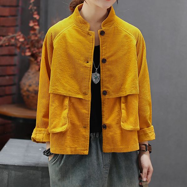 

women cotton corduroy jacket stand collar outwear big loose for autumn retro vintage fashion casual solid color az11192118, Black;brown