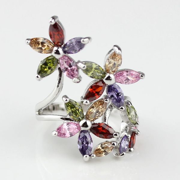 

новое поступление престижных серебристых цветов пластин платиновых кольца для женщин красочных цветочных колец зубец установки фианитов парт, Golden;silver