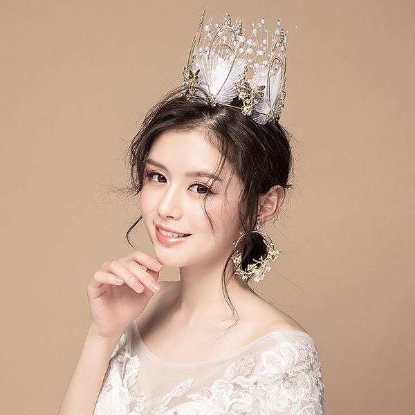 

bride super fairy temperament hair accessories set fashion round crown princess church ceremony crown wedding head ornaments, Golden;white