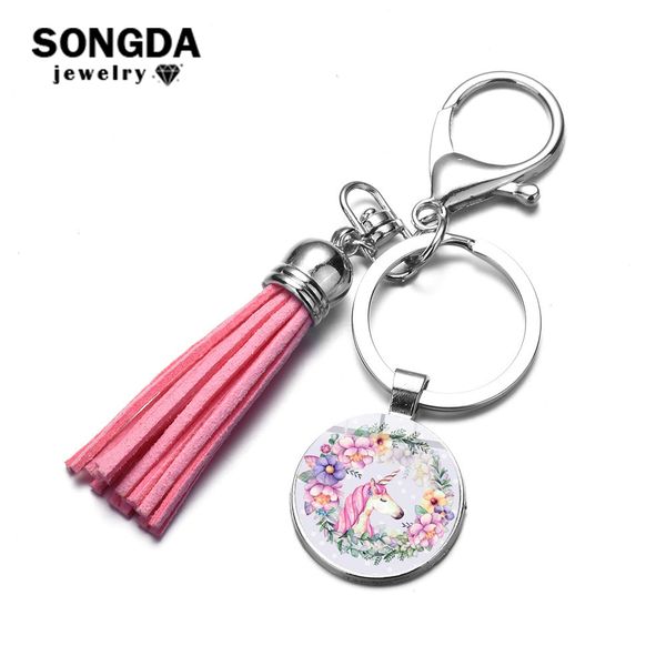 

songda cute pink unicorn keychain for women girls bag decoration tassel white horse key holder alloy key ring porte clef trinket, Silver