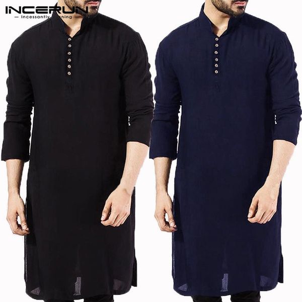 

incerun casual men shirt cotton long sleeve stand collar vintage solid stitched long indian kurta suit pakistani shirt 5xlmx190829, White;black