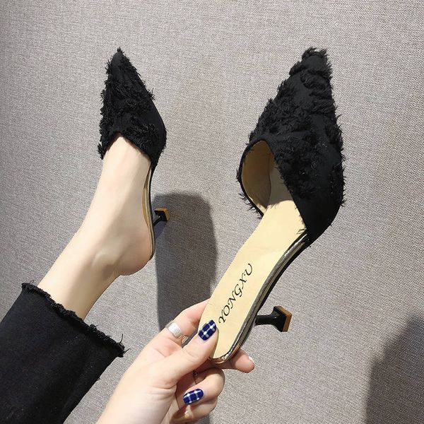 

slippers for women 2020 spring summer pointed slippers high heels shoes woman fashion sandals half flip flops new, Black