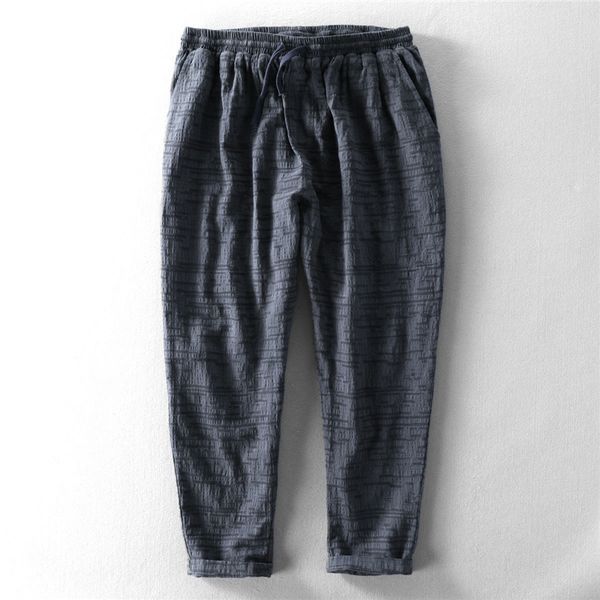

men spring autumn cotton linen jacquard fabric ankle length harem pant male solid color minimalism style male casual trousers, Black