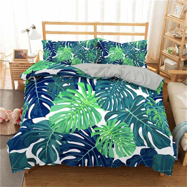 BONIU 3D Duveta Cobertura Conjunto Tropical Plant Bedding Set Folhas Verdes Impressa Colcha com Pillowcase Size Size Cama