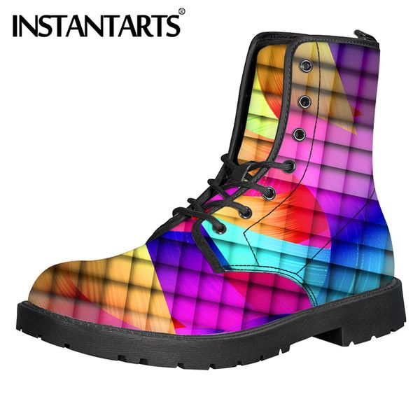 

instantarts colorful rainbow pattern women pu leather winter spring boot pride shoes warm lace-up ankle botas chaussures femme, Black