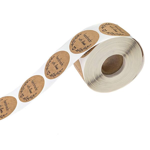 500 pz/rotolo Rotondo Etichette Fatte A Mano Kraft Adesivo di Imballaggio di Carta per Sacchetto di Caramelle Confezione Regalo Sacchetto di Imballaggio Matrimonio Grazie Adesivi
