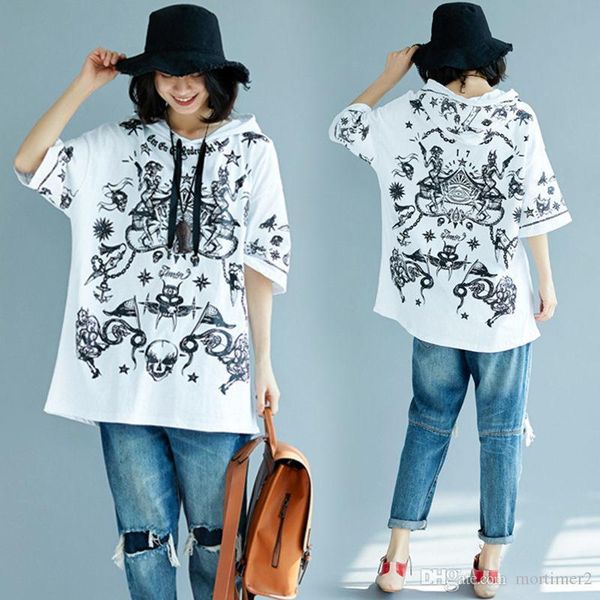 

new vintage large size t-shirt loose short-sleeved spring summer print hooded shirts for women x625, White