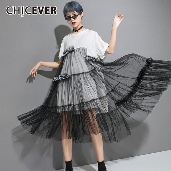 

chicever summer casual patchwork mesh hem women dress o neck short sleeve loose plus size asymmetrical female dresses 2019 new, Black;gray