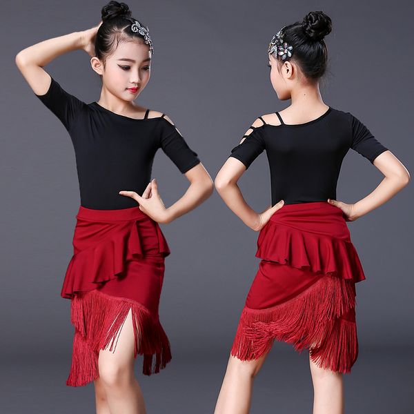 

black 2pcs sets girl latin dance dress for girls ballroom dancing dress girl competition dancewear kids kid dance costumes set, Black;red