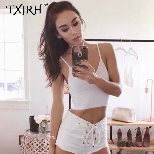 

txjrh 2019 fitness spaghetti strap v-neck pullover backless elasticity camis tight exposed navel crop female 5 colors, White