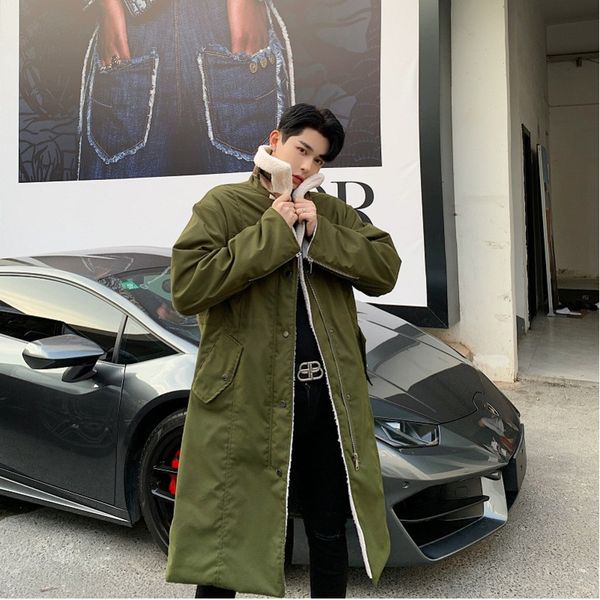 

мужская хлопчатобумажная одежда 2019 осень и зима новый ягненок волосы стенд воротник длинная ветровка молодежная мода тенденция мужская оде, Black