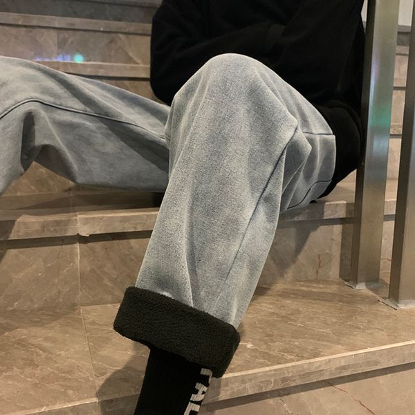 

winter plus velvet thick jeans men warm fashion washed casual jeans pants man streetwear hip hop loose straight denim trousers, Blue