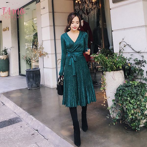 

spring autumn elegant shiny a line lady sweater dress women long sleeve v neck midi dress femaleglitter ol knit dresses, Black;gray