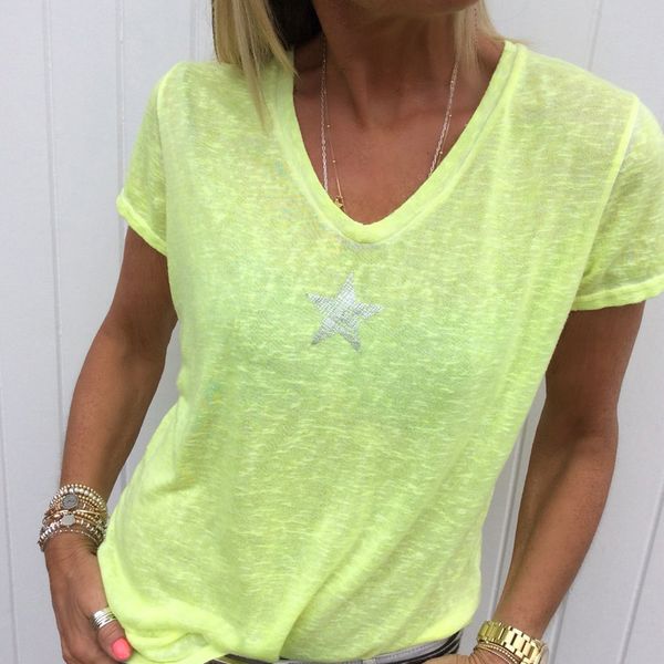 

5colors plus size 5xl star printed t shirt women summer short sleeve thin tee shirt v neck tee wdc2089, White
