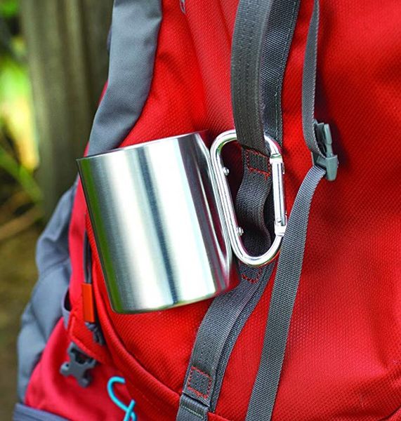 

stainless steel camping cup with carabiner hook handle travel tea coffee mug outdoor sport water cup camping hiking rockclimbing 220ml 300ml