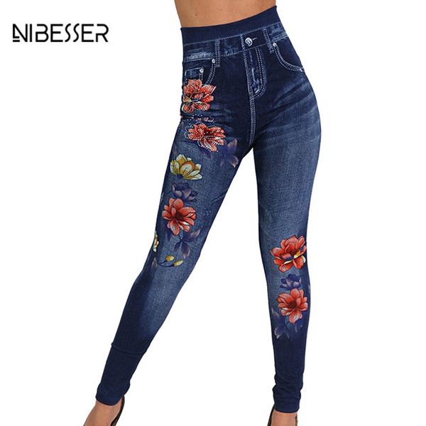 

nibesser summer high waisted denim jeans leggings women ethnic floral printed high waist rose print pencil pants casual leggings, Blue