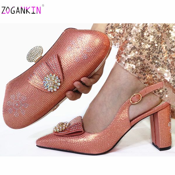 

peach woman luxury crystal shoes and purse set for party african rhinestone high heels wedding shoes and bag set, Black