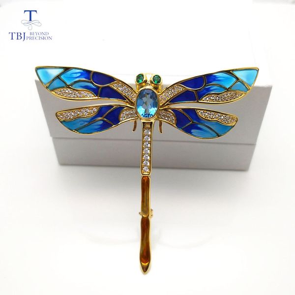 

tbj,blue dragonfly design brooch with natural blue z in 925 sterling silver yellow gold color,elegant brooch for women, Black