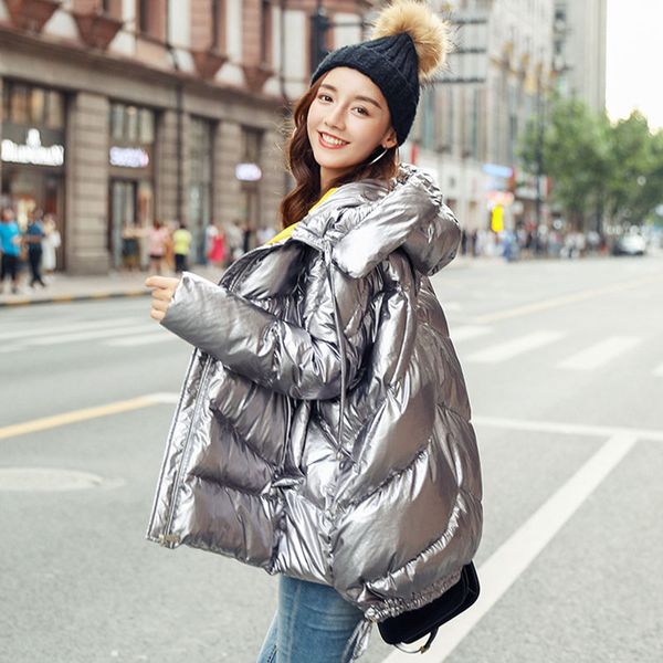 

2019winter fashion bright down coat woman warm white duck down parka jacket for women hooded loose metallic gold outwear female, Black
