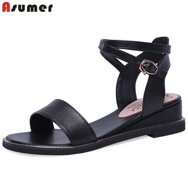

asumer 2020 slae new shoes woman buckle genuine leather shoes women casual wedges shoes women leisure sandals women big size y200702, Black