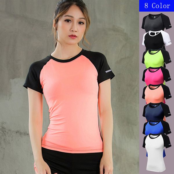 

women fitness running shirt short sleeve reflective night sport training jerseys quick dry stretch t-shirt gym clothes, Black;blue