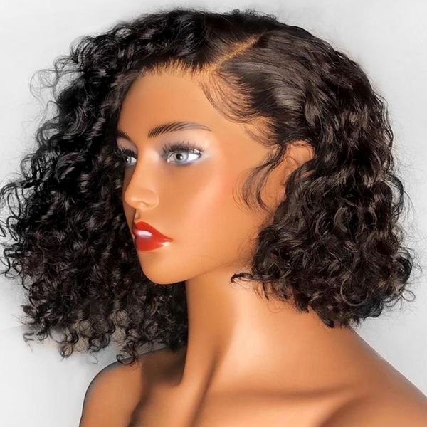 

13*4 malaysian water wave bob curly lace front human hair wigs for women with baby hair plucked brazilian remy short bob wigs, Black;brown
