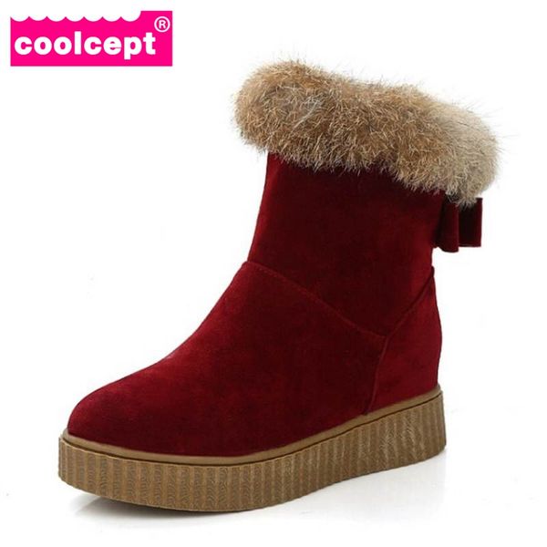 

coolcept size 34-43 women half short snow boots thick fur shoes women wedges boots in winter botas mid calf footwear, Black