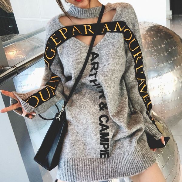 

both sides sweater dress autumn gray round neck hollow letter pullover sweater female autumn and winter long section, White;black
