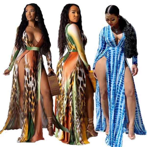 

leopard spliced ​​высокий двойной сплит пляжное платье женщины глубокий v шеи длинное платье дамы с длинным рукавом высокой талией плюс разм, White;black