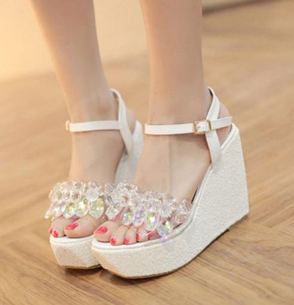 

designer-e silver crystal beading platform wedges sandals 12cm size 34 to 39 lll, Black