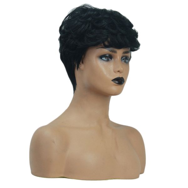 

8'' short curly women human hair wig side part pixie cut black wigs