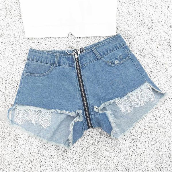 

women denim jeans high waist hole lace zipper pockets mini shorts pants jeans summer outdoor casual wear pant shorts, Blue