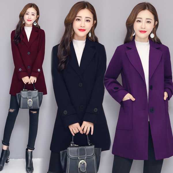 

qmgood wool coat women autumn elegant korean women woolen coat 2018 blend female jacket slim long trench clothing, Black