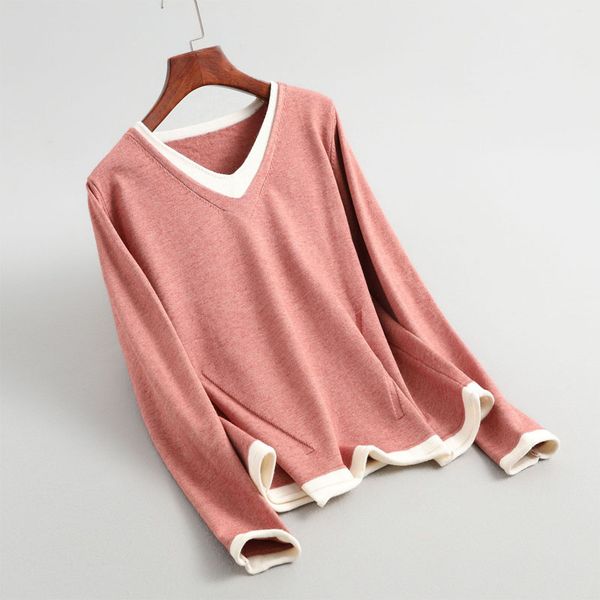 

autumn and winter women's sweater casual solid color v-neck long-sleeved fake two-piece sweater, White;black