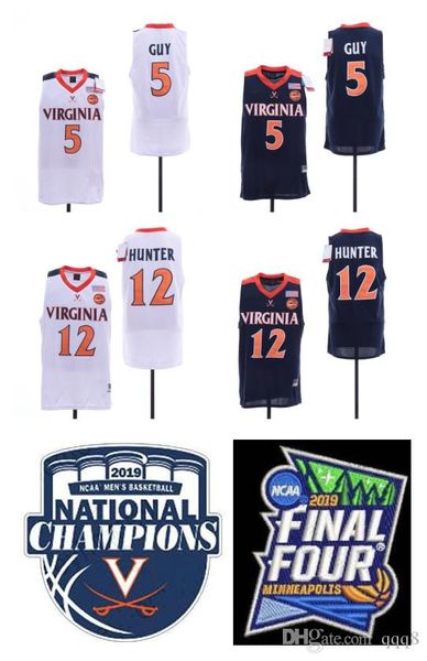 

ncaa virginia cavaliers jerseys 5 kyle guy 12 de'andre hunter uva college basketball jersey with final four champions patch size s-xxxl, Black