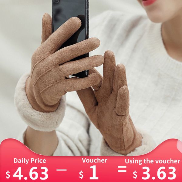 

women gloves winter touch screen 2019 female suede furry warm full finger gloves lady winter outdoor sport driving women, Blue;gray