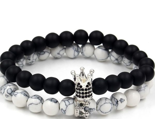 

8mm 2pcs/lot gh2342 elastic adjusted nature stone frosted agate onyx black volcanic lava white howlite crown bracelet