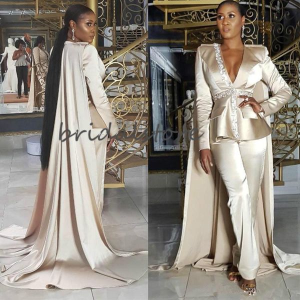 

dubai champagne evening dresses kaftan abaya gowns with wrap caped v neck long sleeves african prom dresses jumpsuits pant satin formal gown, Black;red