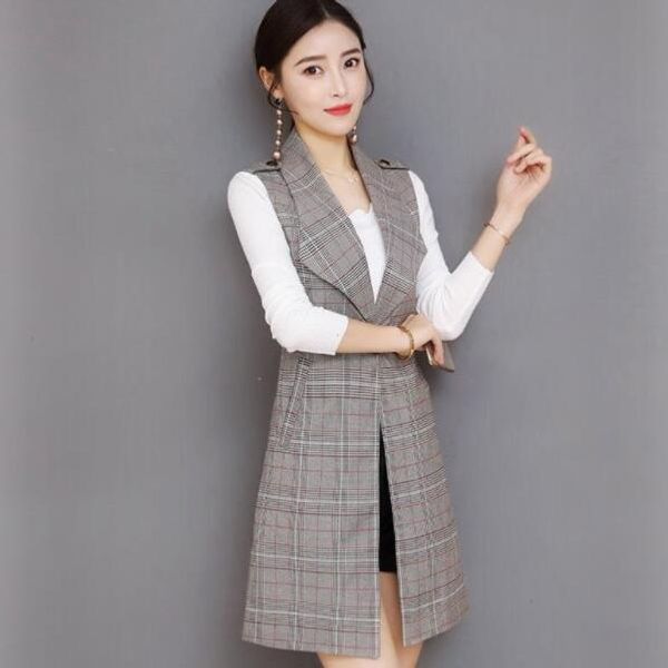 

spring long blazer vest women office slim single button plaid women suit vest fashion elegant waistcoat sleeveless jacket dv514, Black;white