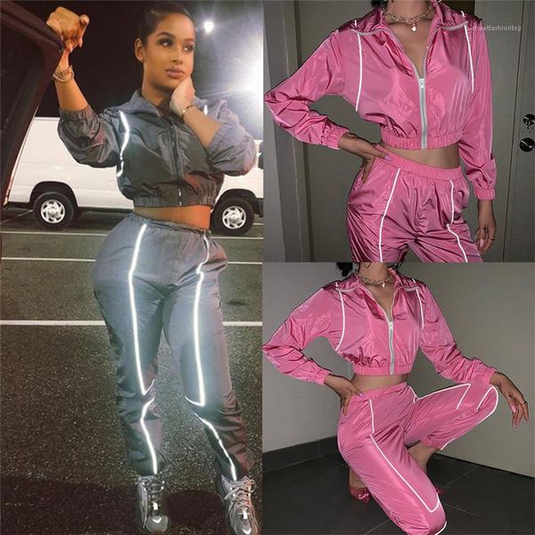 

women reflective tracksuits casual zipper stand collar short jackets two piece sets 20ss women designer tracksuits fashion, Gray