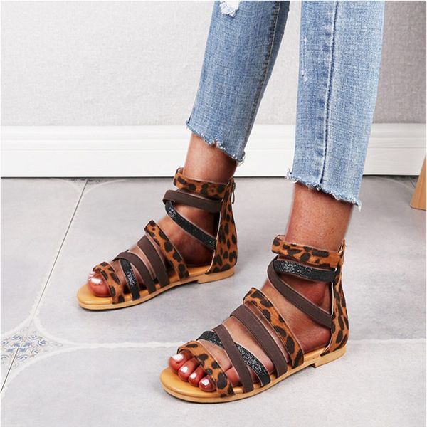 

2020 women sandals leopard print summer shoes women large size andals flat sandals womens summer shoes, Black
