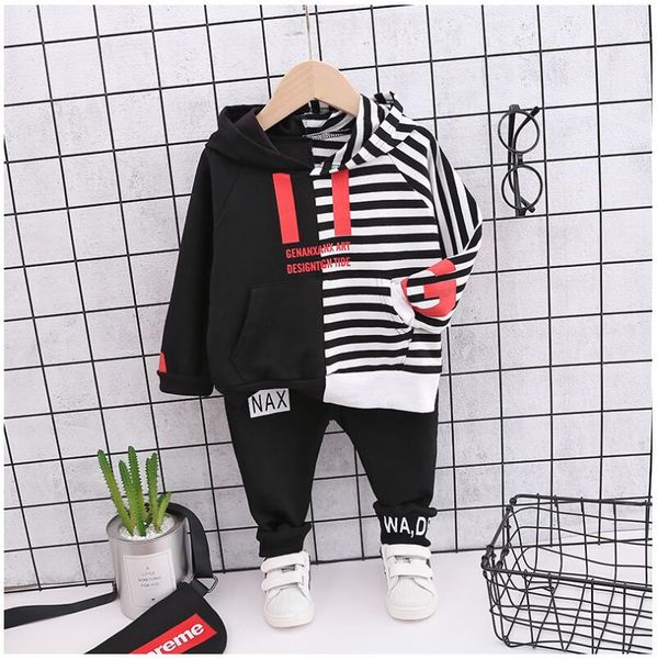 

2019 осень новый ребенок детская одежда костюмы малышей мальчиков комплекты одежды полосатые рубашки с капюшоном брюки дети детский костюм к, White