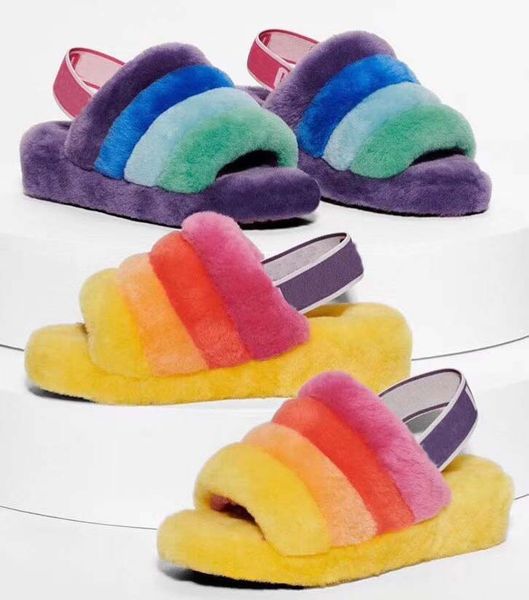 

mens fluff yeah slide роскошные женские дизайнерские сандалии rainbow plain yellow pantoufle женские меховые шлепанцы тапочки hausschuhe sli, Black