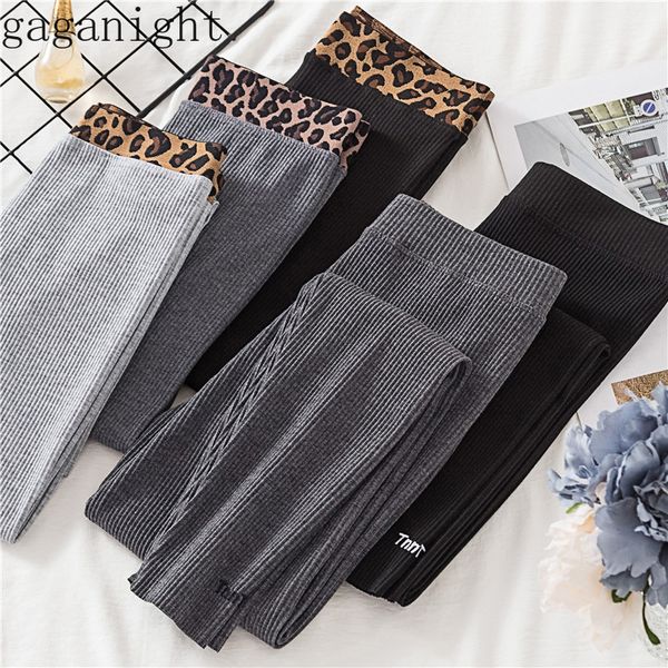 

gaganight leopard women leggings knitted ankle length high elastic waist leggins spring autumn cotton slim legging fitness, Black