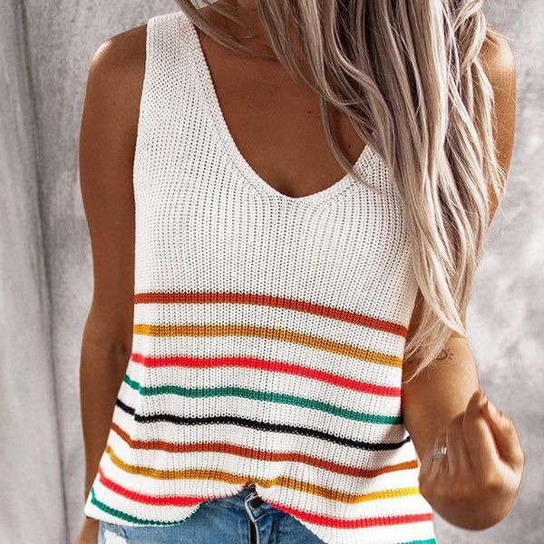 

womens summer knit short sleeve v neck tank casual loose solid sleeveless vest, White