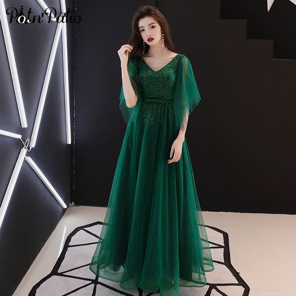 

green tulle crystal evening dresses long v-neck with cap sleeves ball gown formal dresses for women plus size prom 2019, White;black