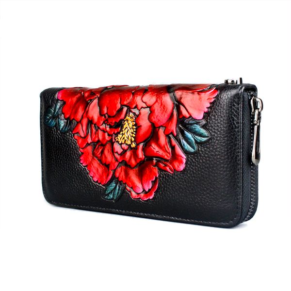 

embossing 100% genuine leather women's wallet zipper long women flower wallets female clutch real leather ladies wallet, Red;black